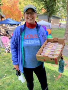 Meggan with rainbow Rice Krispy treats